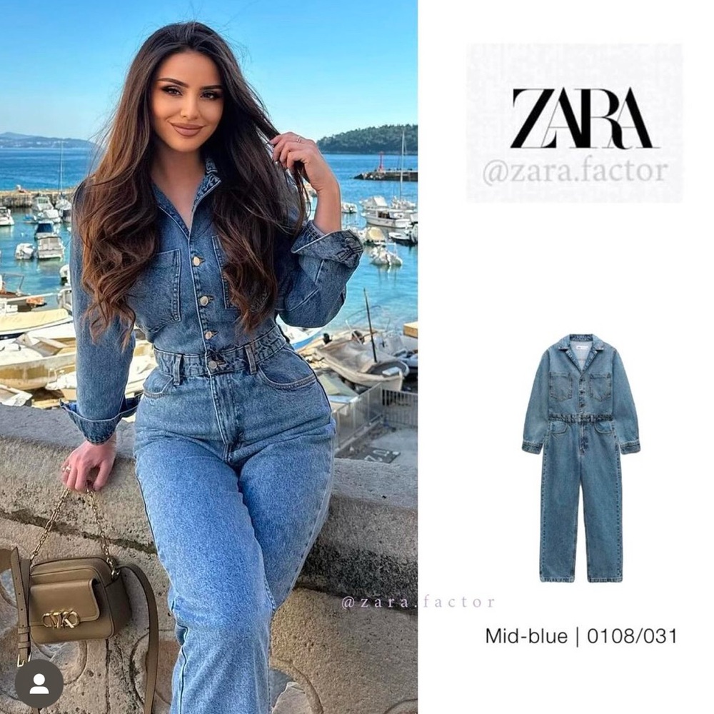 ZARA NEW WOMAN SS24 MID-BLUE Z1975 LONG SLEEVE DENIM JUMPSUIT REF:0108/031 SMALL